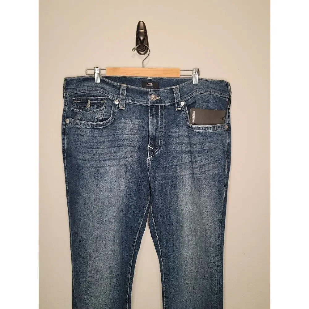 True Religion Men's Blue‎ Rocco Dark Wash Relaxed Skinny Flap Jeans Size 40x33